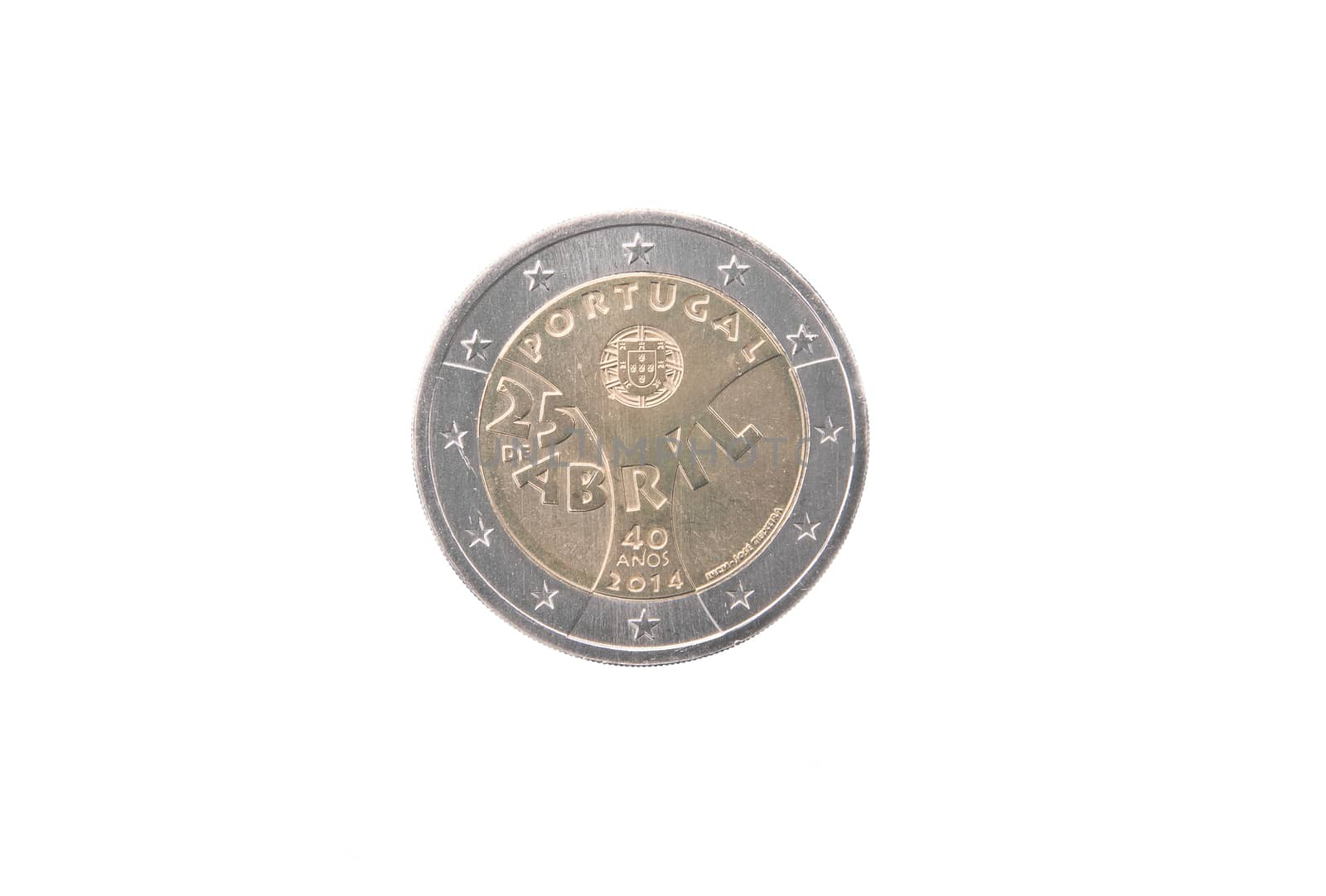 Commemorative coin of Portugal minted in 2014 over white