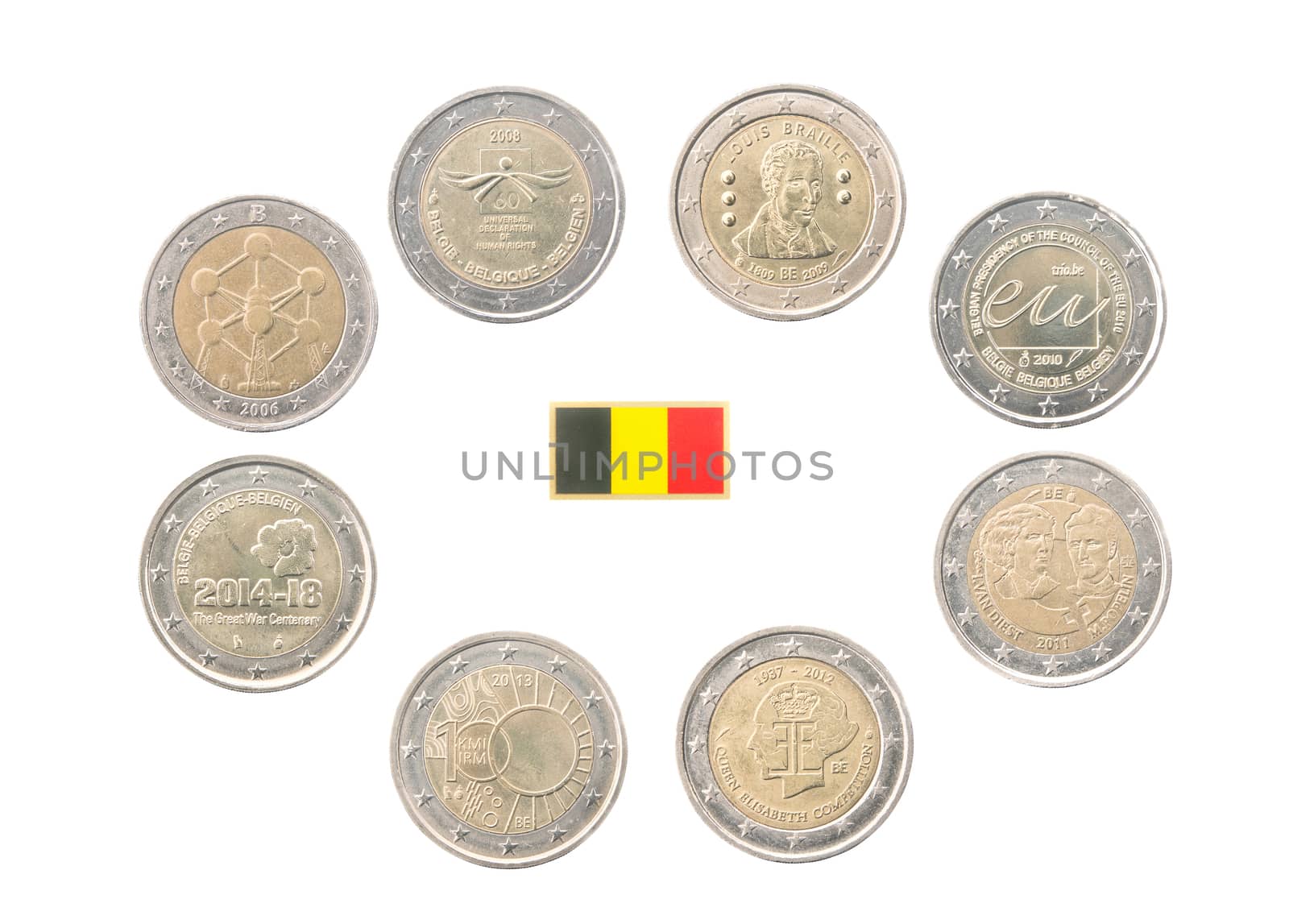 Set of commemorative coins of Belgium isolated on white