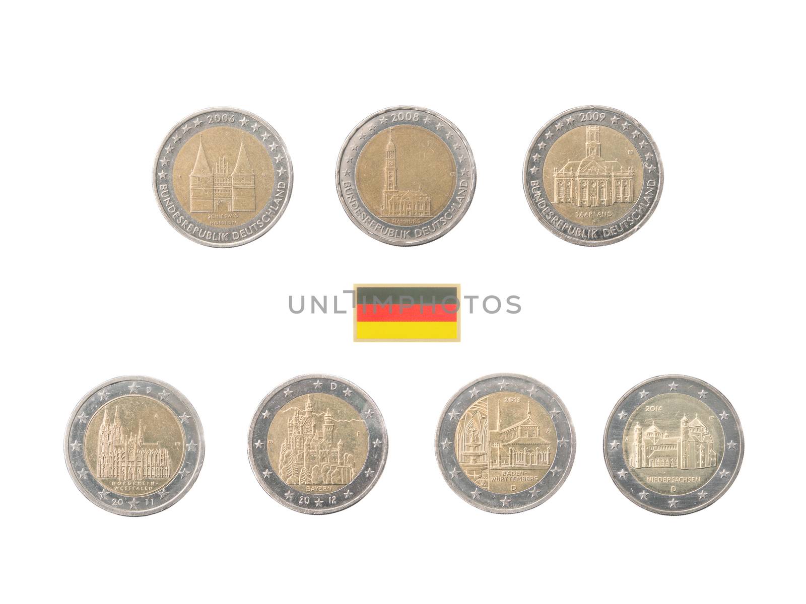 Set of commemorative coins of Germany isolated on white
