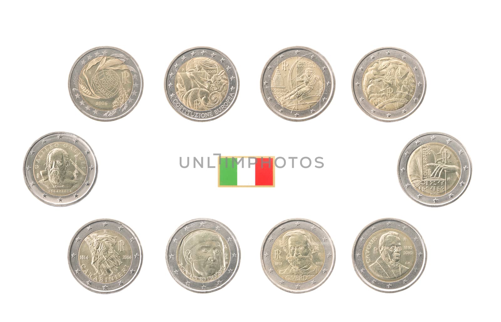 Set of commemorative coins of Italy isolated on white