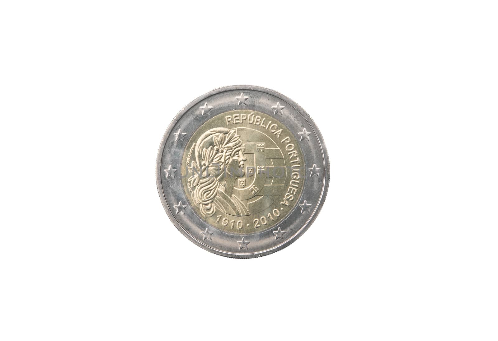 Commemorative coin of Portugal minted in 2010 isolated on white