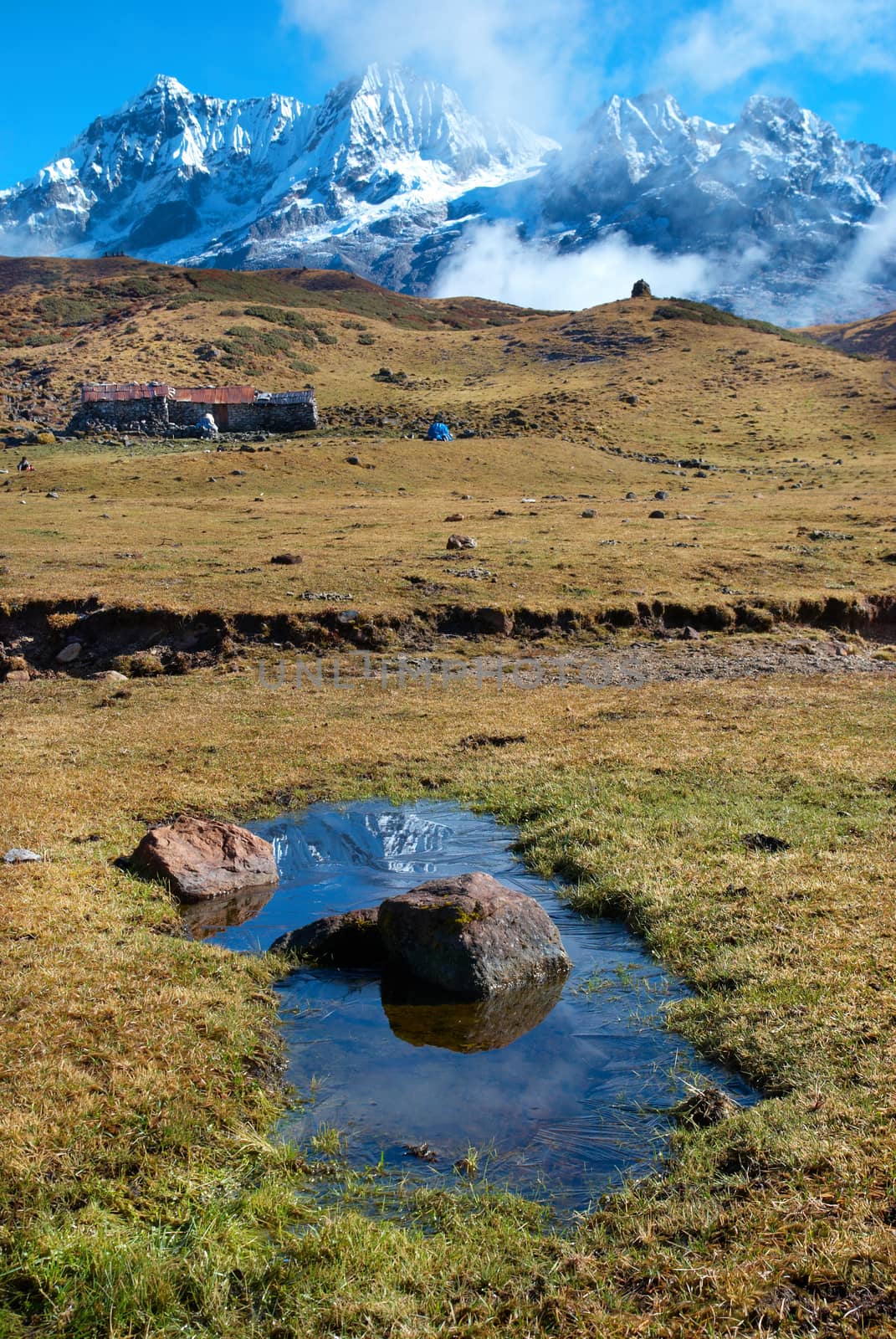 Top of High mountains, covered by snow. Kangchenjunga, India.