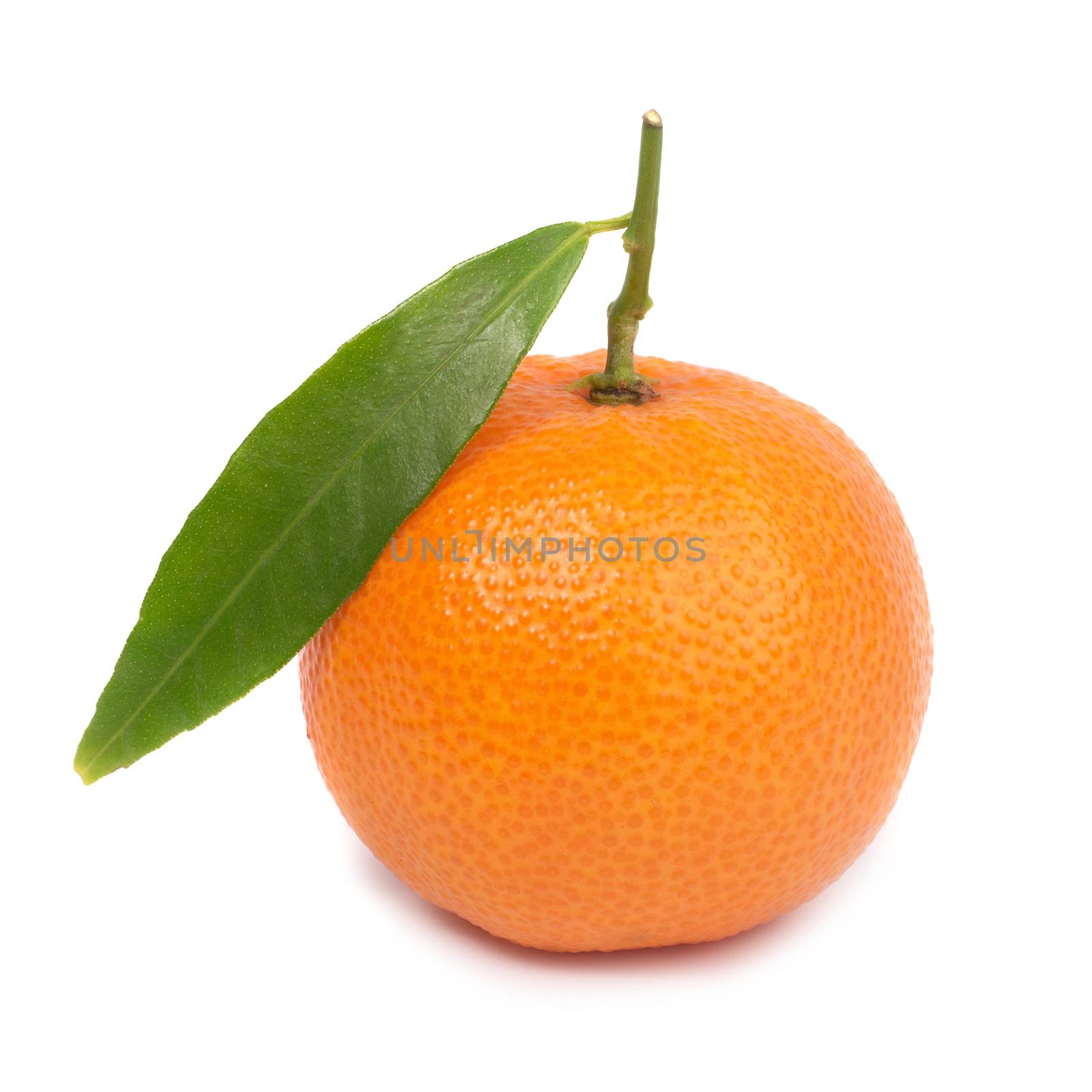 Orange mandarin with green leaf isolated on white background