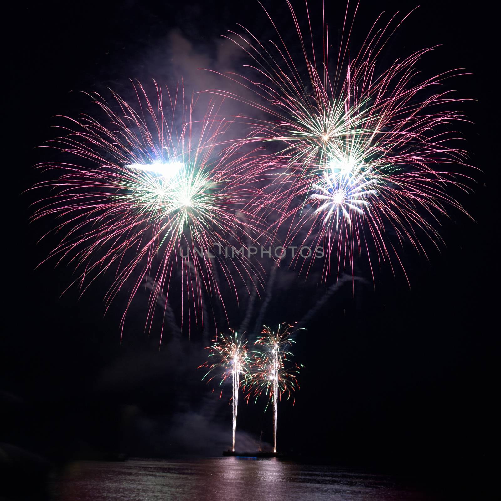 Colorful fireworks on the black sky background