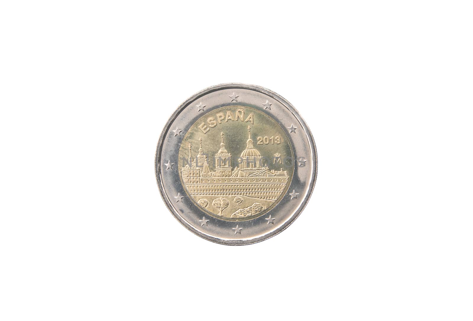 Commemorative 2 euro coin of Spain minted in 2013 isolated on white