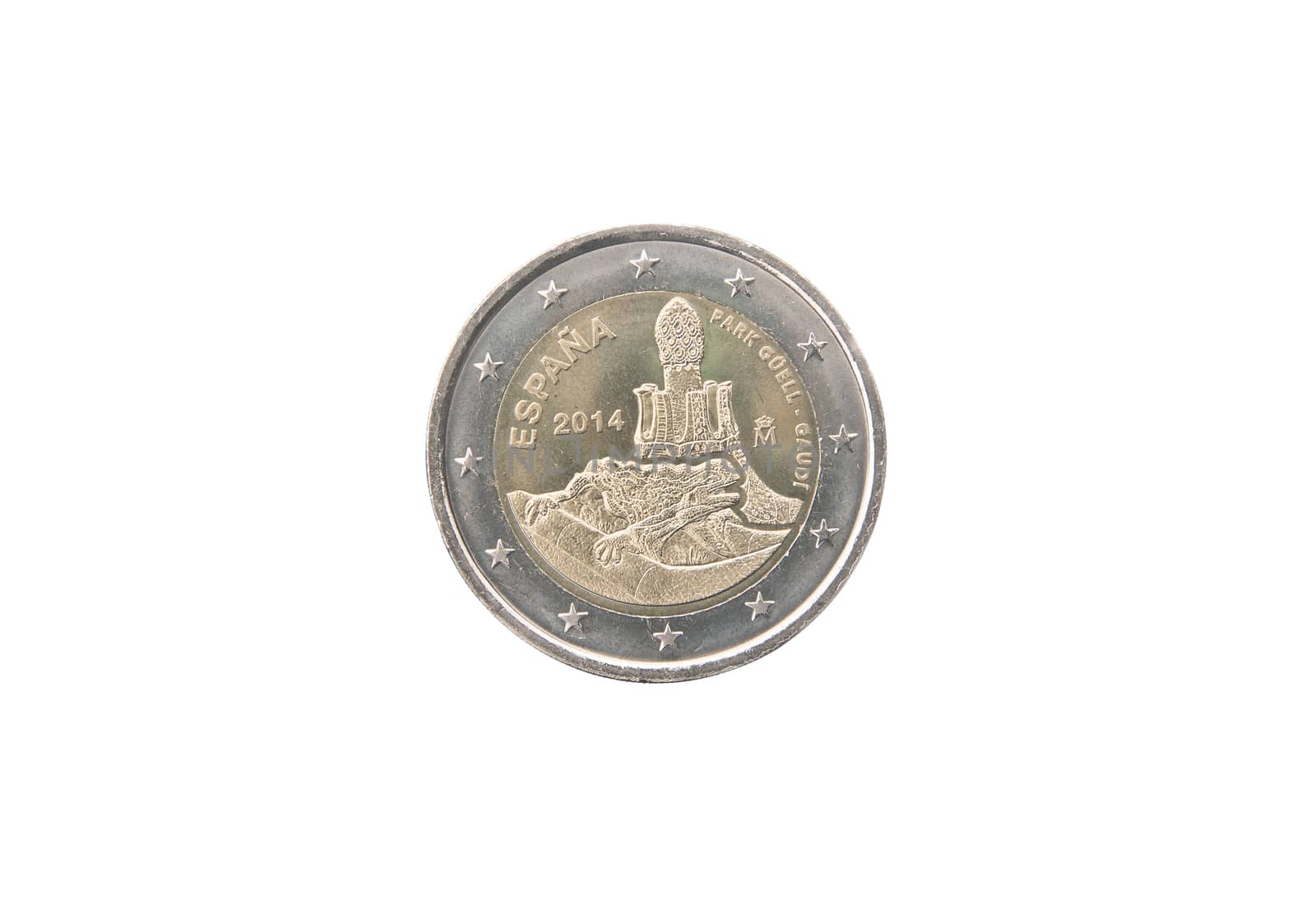 Commemorative 2 euro coin of Spain minted in 2014 isolated on white