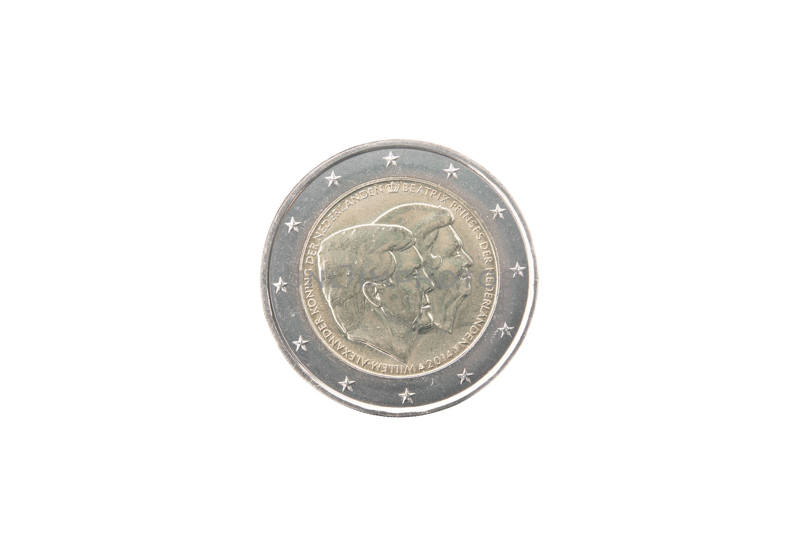 Commemorative 2 euro coin of the Netherlands  minted in 2014 isolated on white