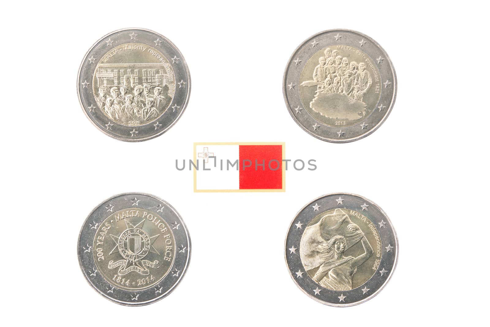 Set of commemorative coins of Malta isolated on white