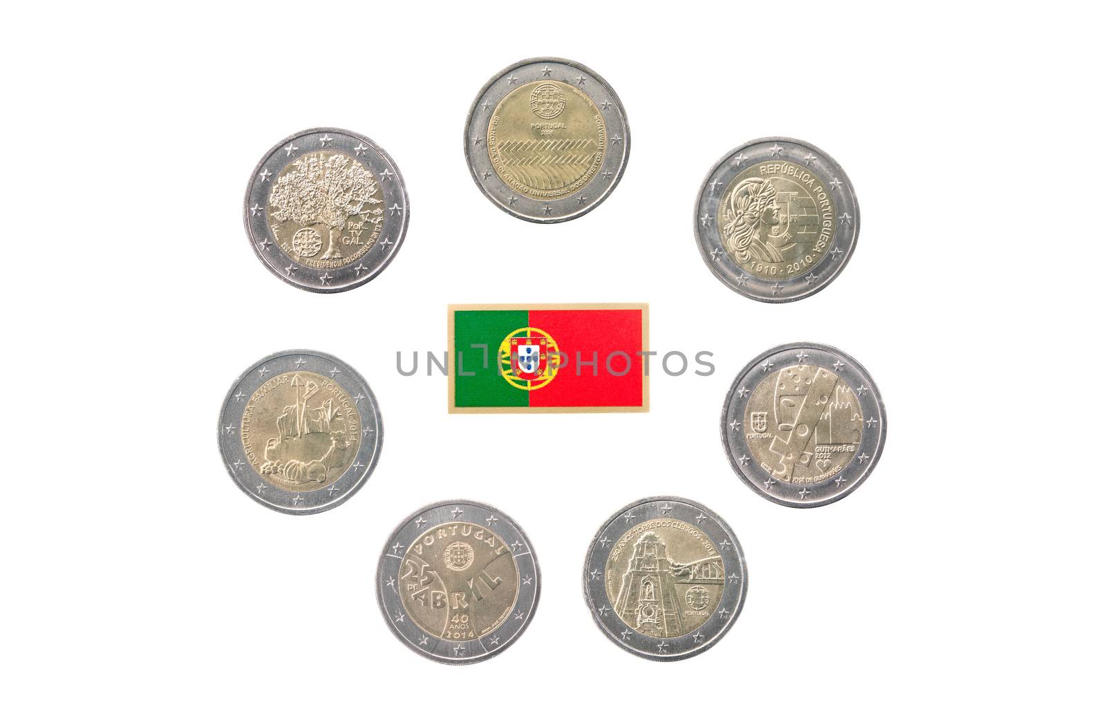 Collection of commemorative coins of Portugal  isolated on white