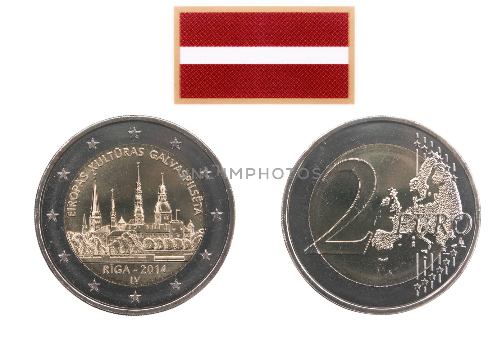 Two sides of commemorative coin of Latvia isolated on white
