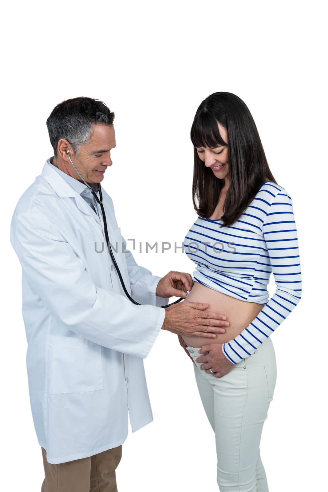 Doctor using stethoscope while examining pregnant woman on white background