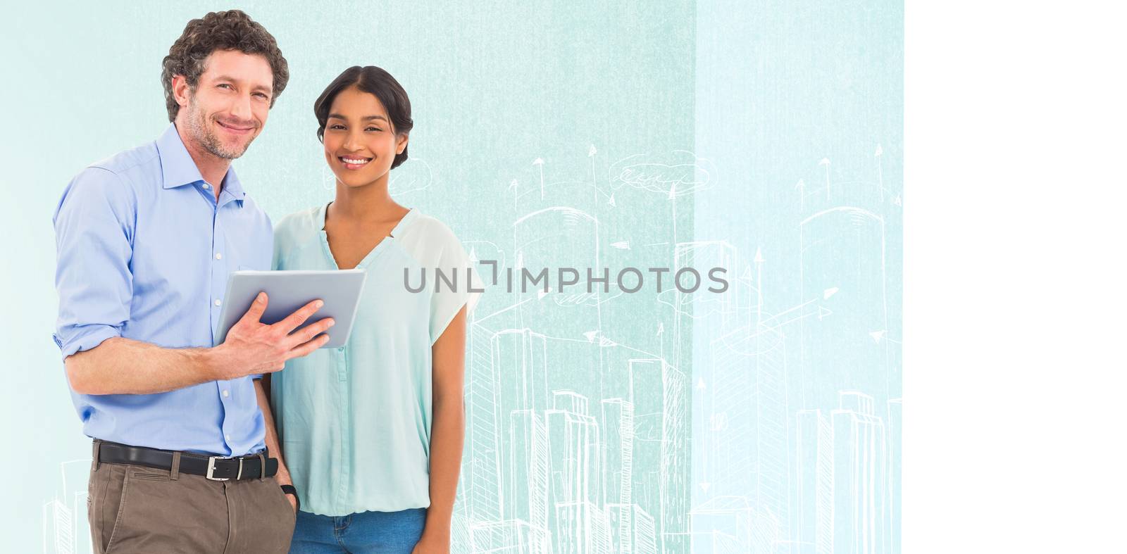 Composite image of portrait of smiling business people using tablet computer by Wavebreakmedia