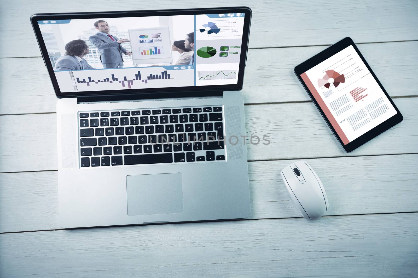 Business interface against overhead view of a desk