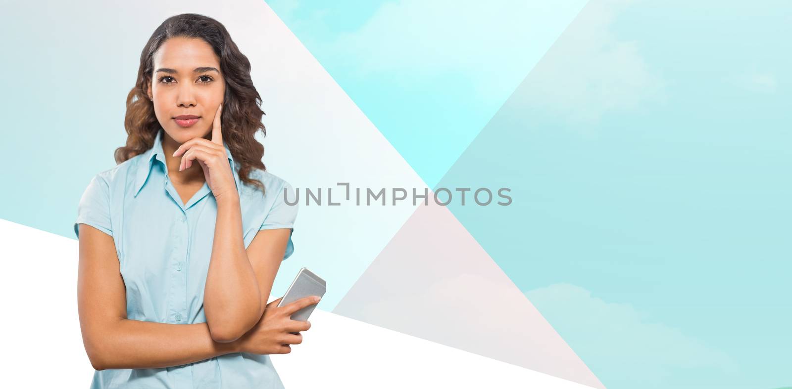 Composite image of portrait of confident businesswoman holding smart phone by Wavebreakmedia