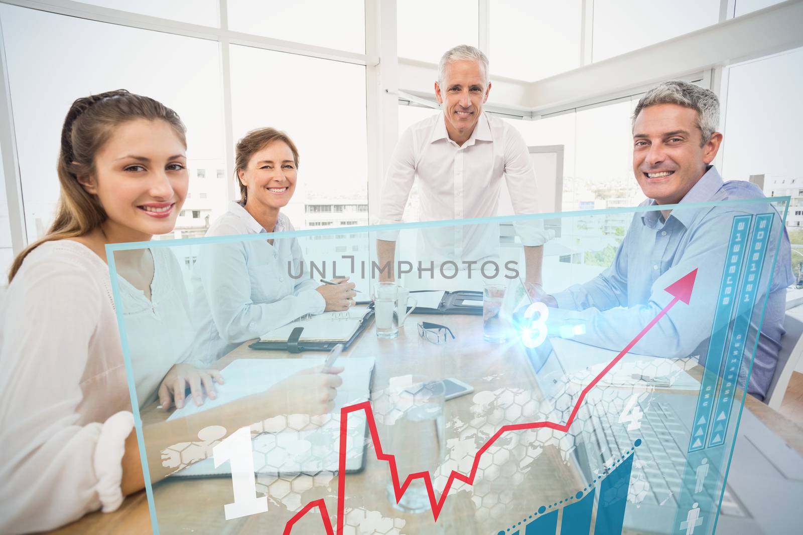 Two transfused patients lying on a medical bed against smiling business people during a presentation 