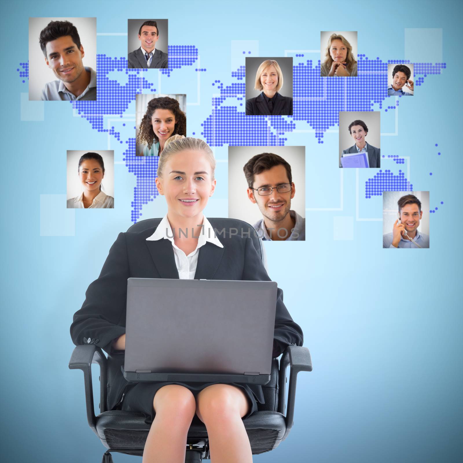 Composite image of businesswoman sitting on swivel chair with laptop by Wavebreakmedia