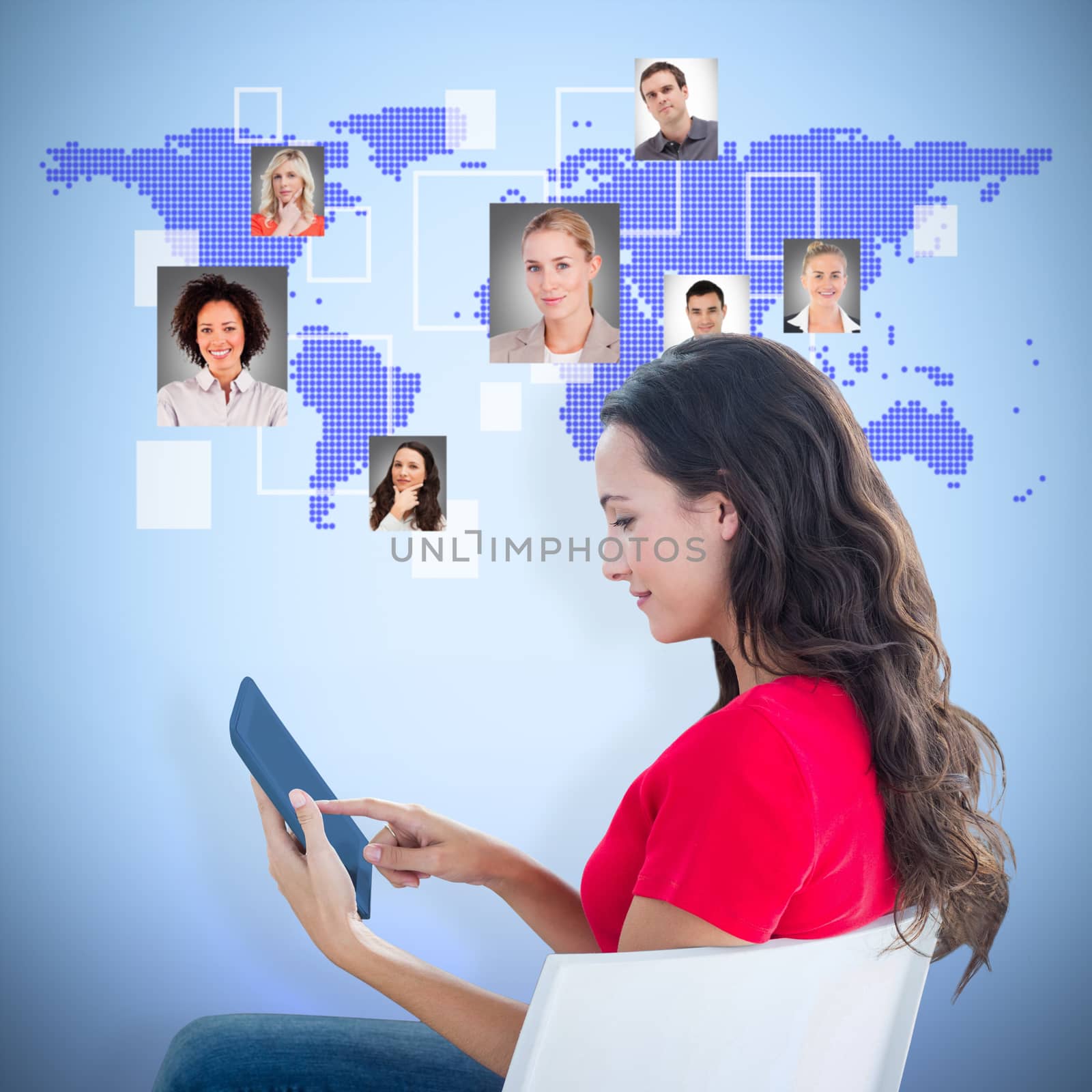 Composite image of woman sitting with tablet by Wavebreakmedia