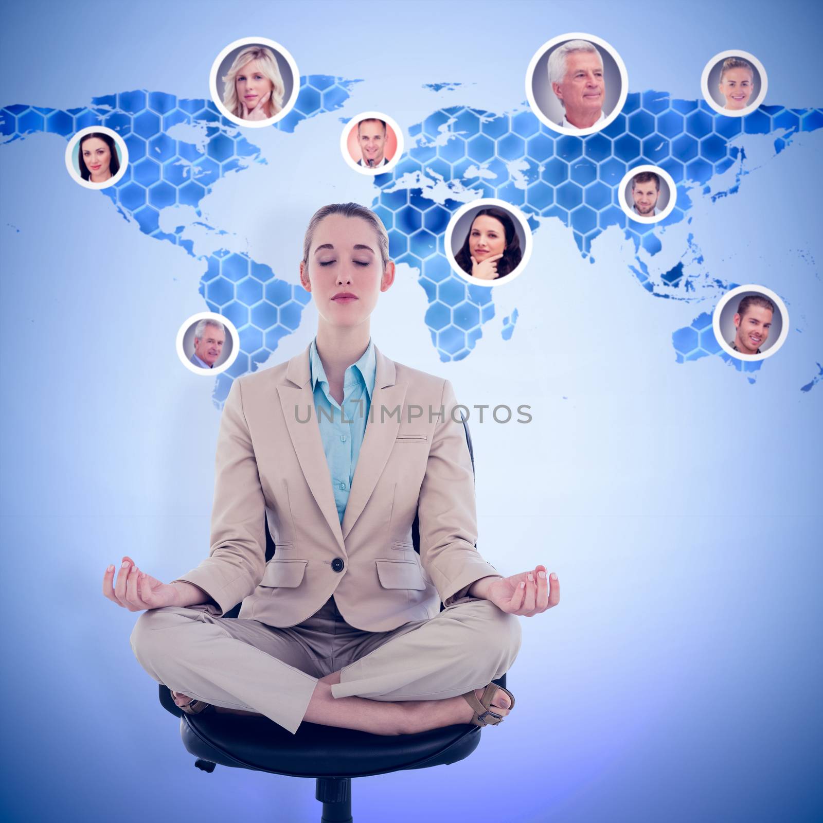 Peaceful chic businesswoman sitting in lotus position on swivel chair against background with hexagons and world map