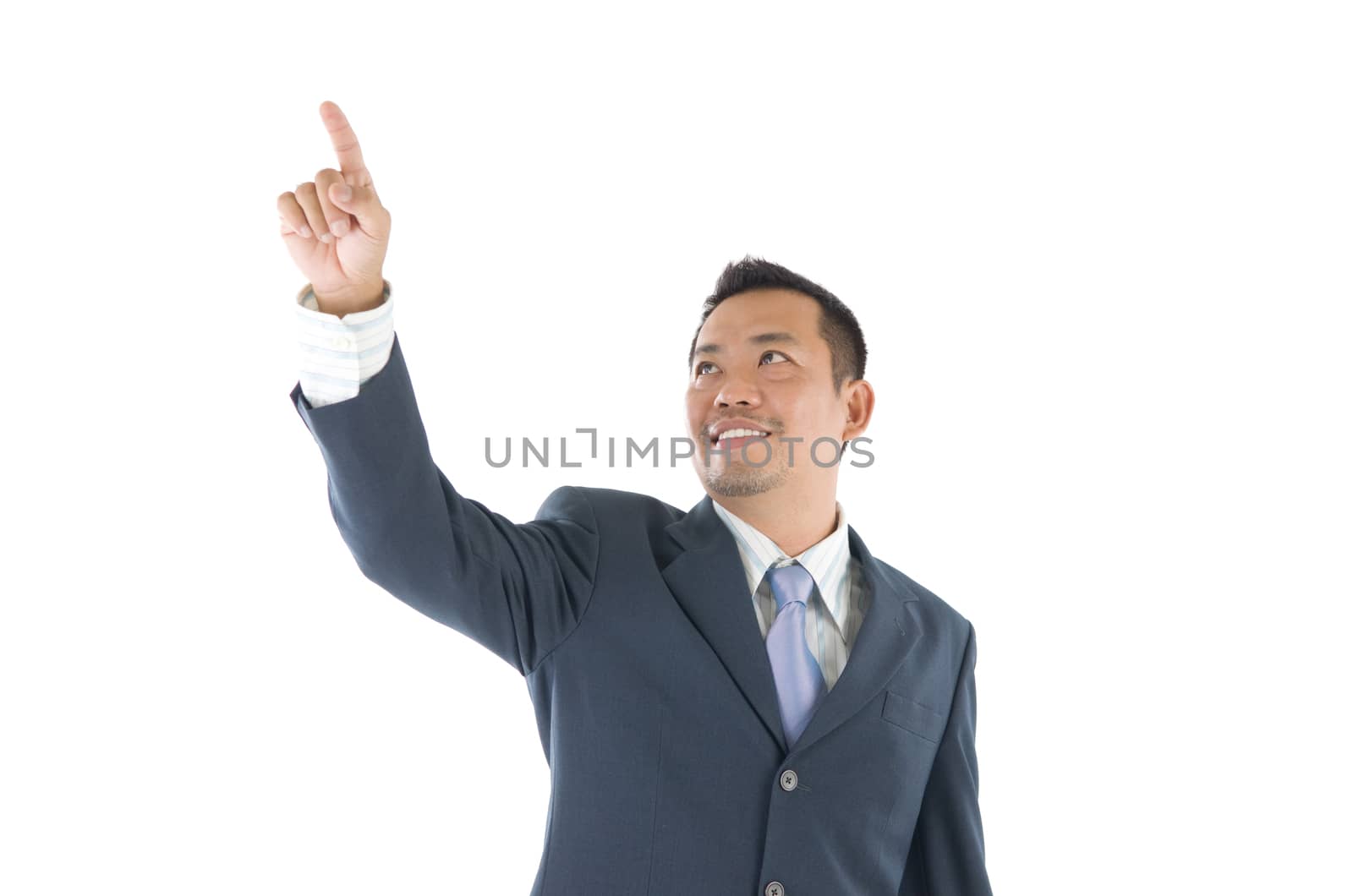 40s southeast Asian business man pointing on transparent virtual screen, space for text/button