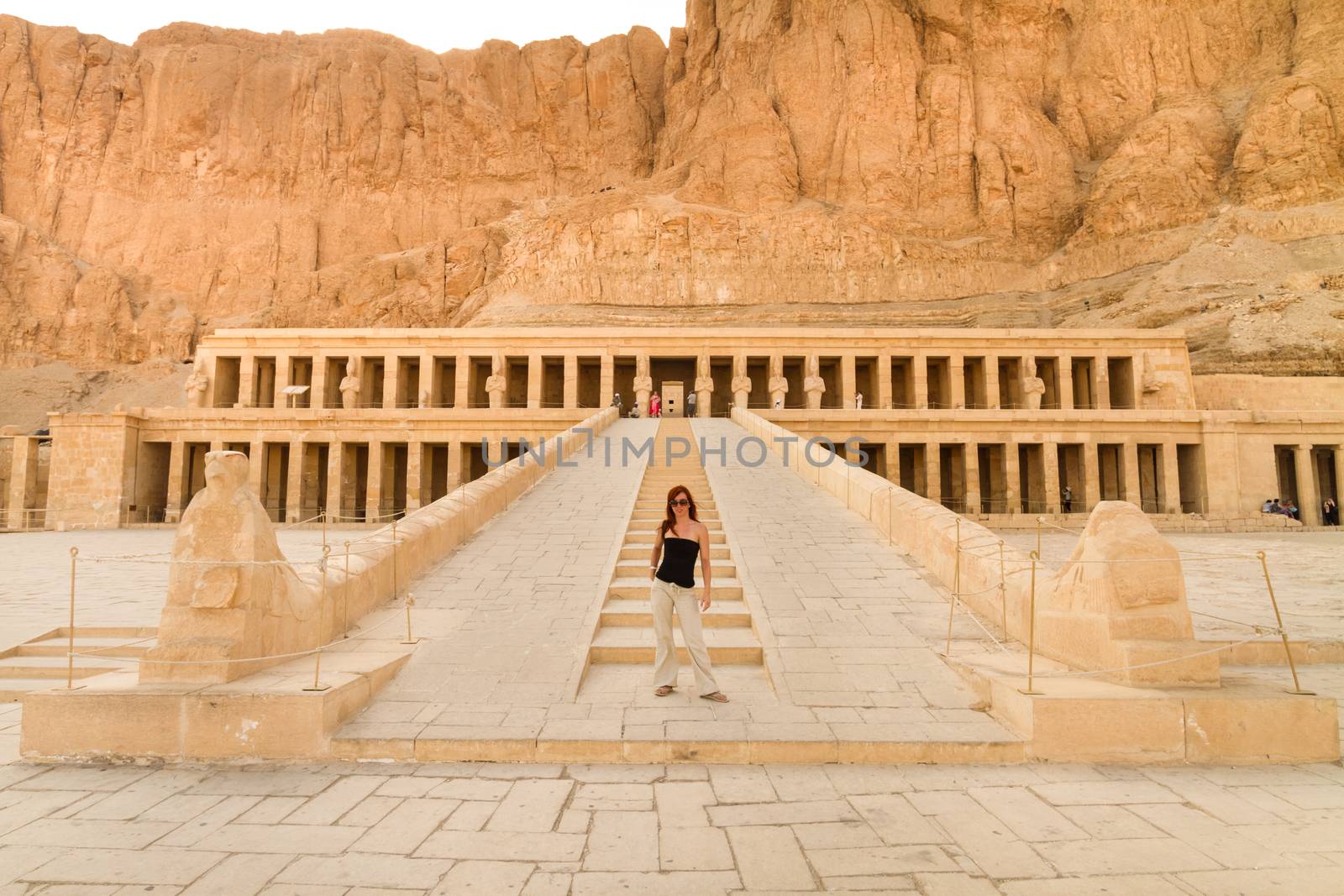 Female tourist in Ancient Egyptian Temple of Hatshepsut. Luxor, Egypt.