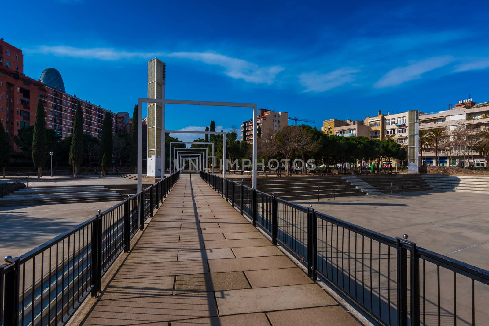 BARCELONA, SPAIN, february 2016-pedestrian bridge in Parc del Clot on sunny day