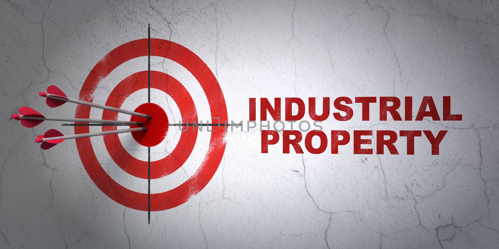 Success law concept: arrows hitting the center of target, Red Industrial Property on wall background