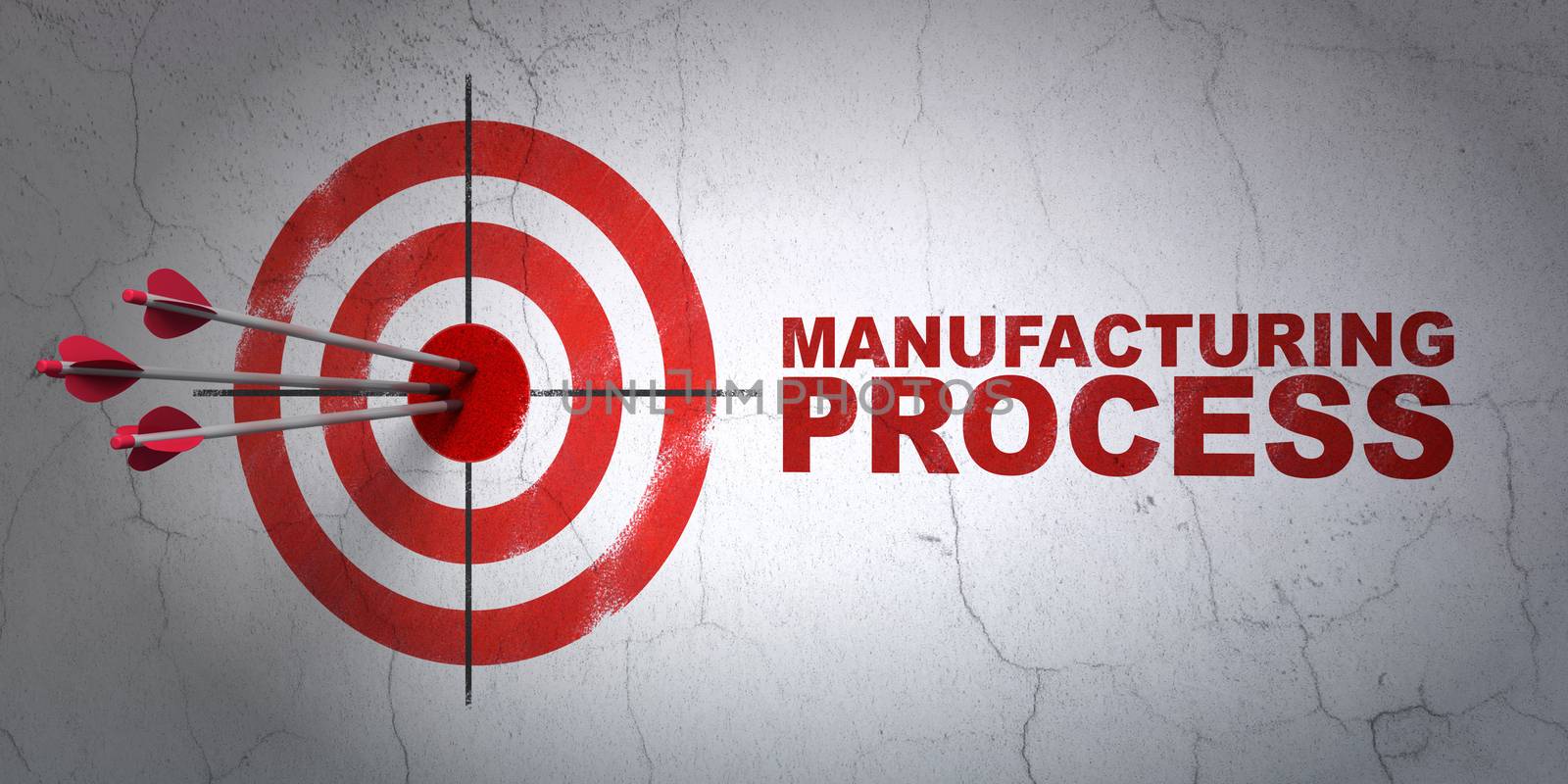 Success Manufacuring concept: arrows hitting the center of target, Red Manufacturing Process on wall background