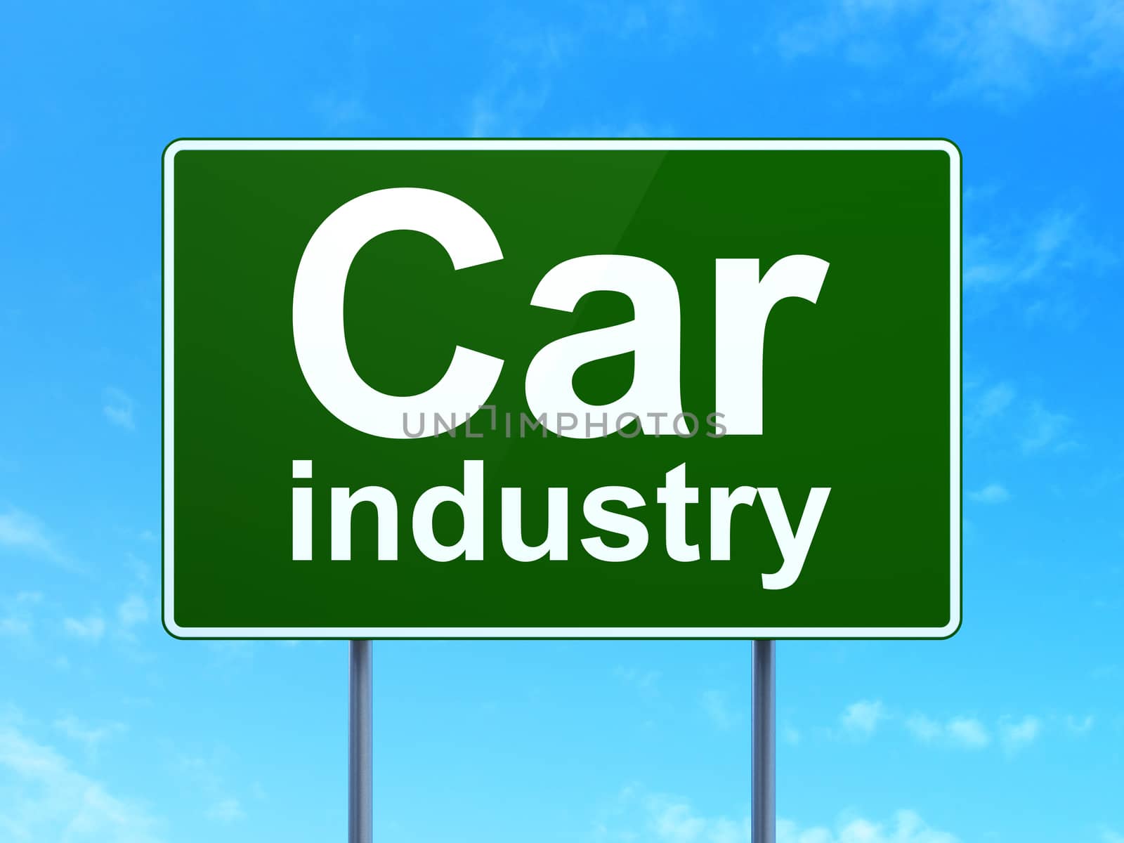 Manufacuring concept: Car Industry on green road highway sign, clear blue sky background, 3d render