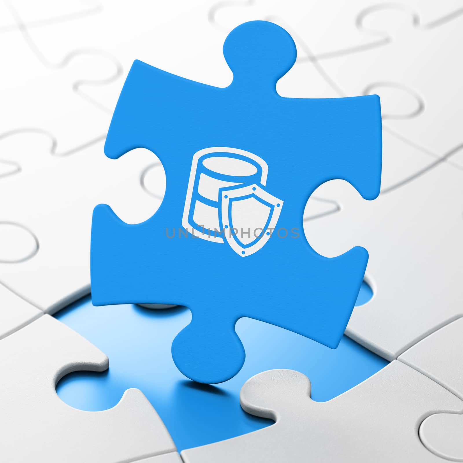 Programming concept: Database With Shield on Blue puzzle pieces background, 3d render