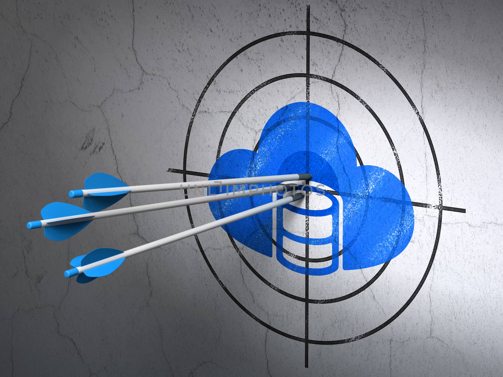 Success Database concept: arrows hitting the center of Blue Database With Cloud target on wall background