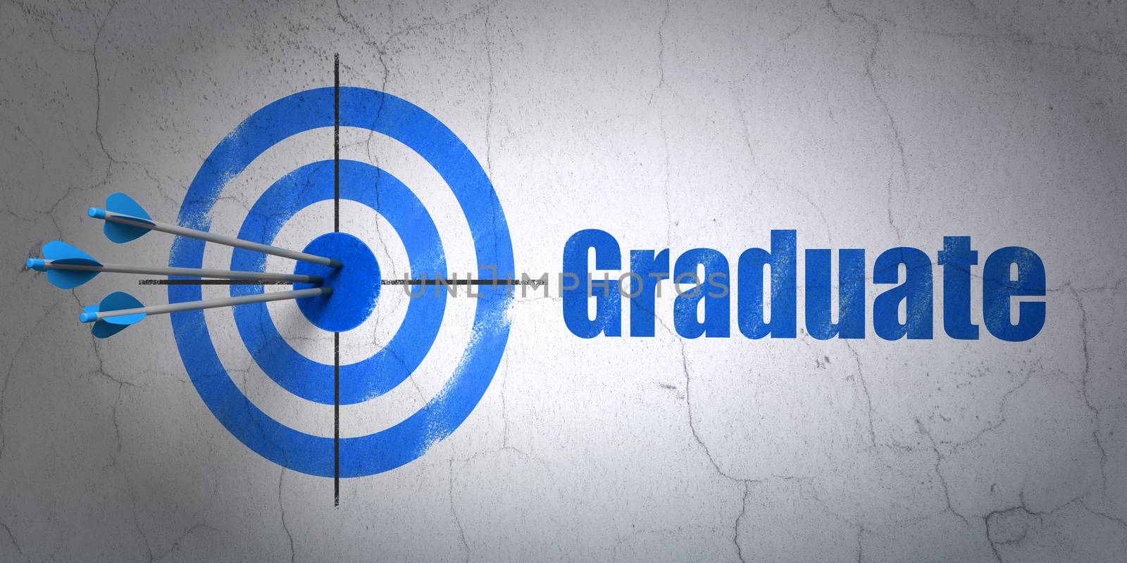 Success Studying concept: arrows hitting the center of target, Blue Graduate on wall background