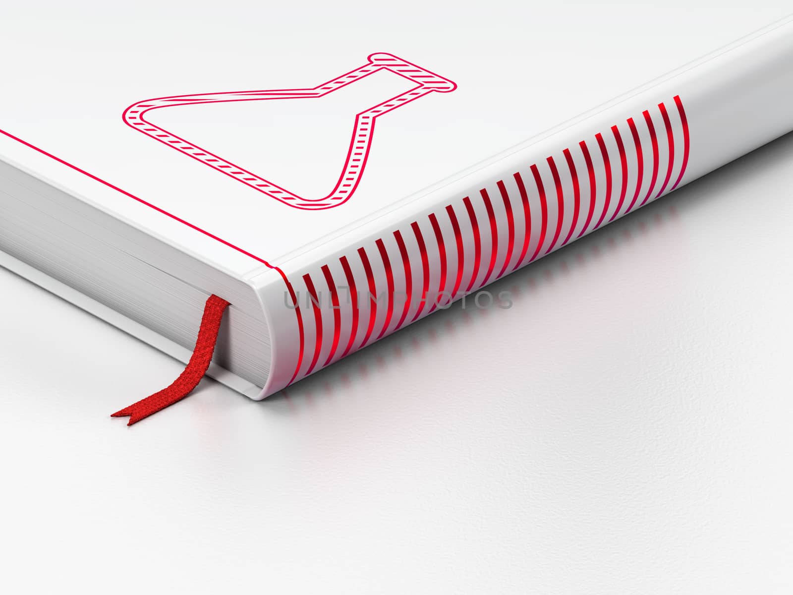 Science concept: closed book with Red Flask icon on floor, white background, 3d render