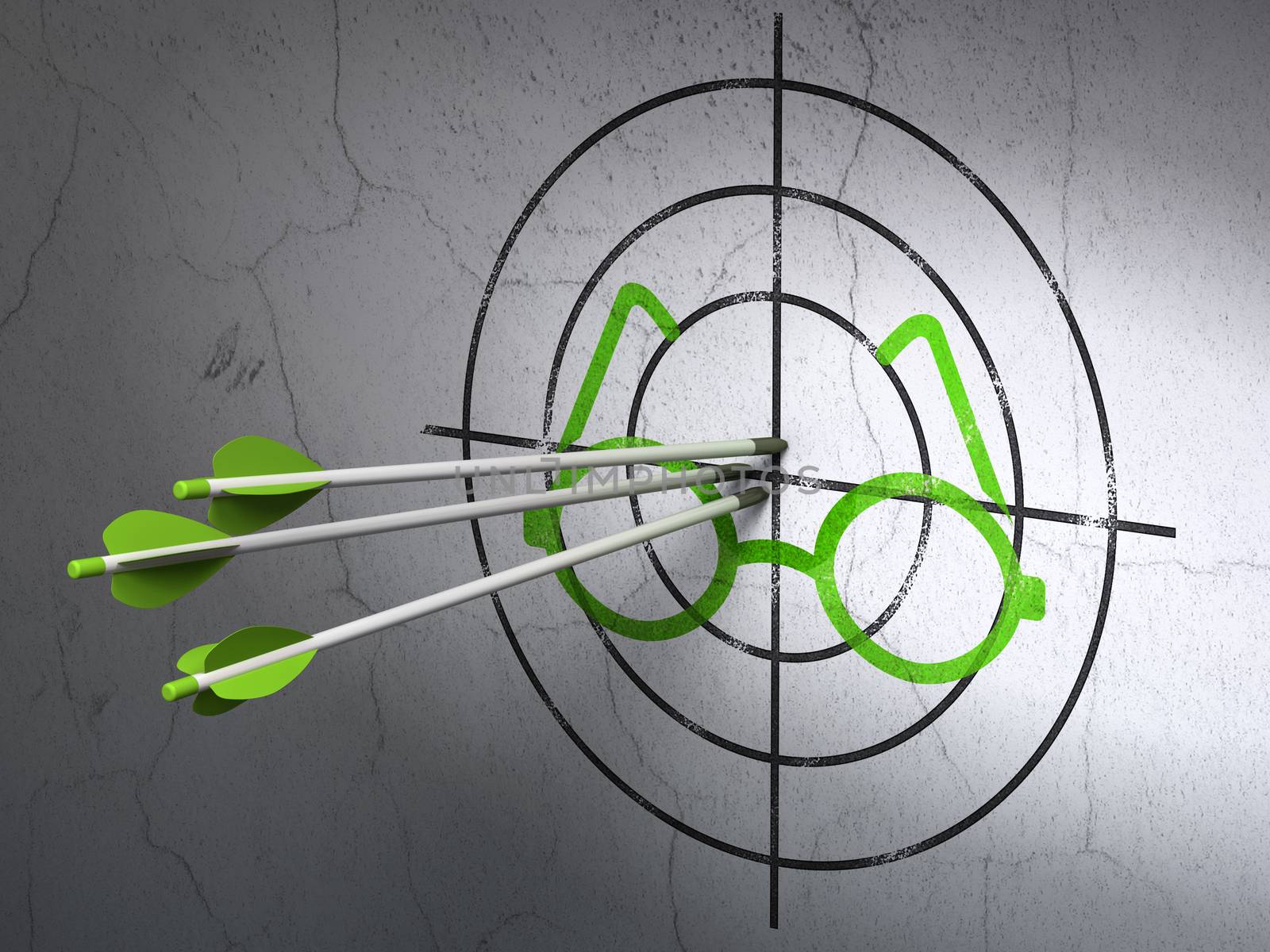 Success Science concept: arrows hitting the center of Green Glasses target on wall background