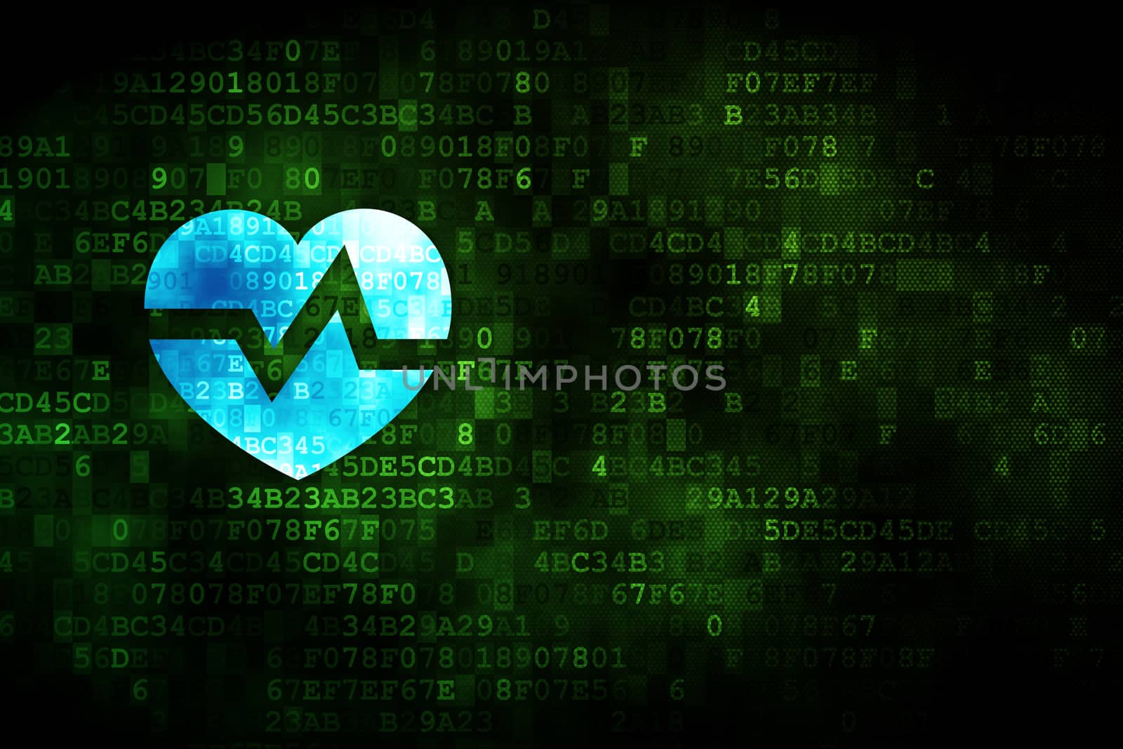 Medicine concept: pixelated Heart icon on digital background, empty copyspace for card, text, advertising