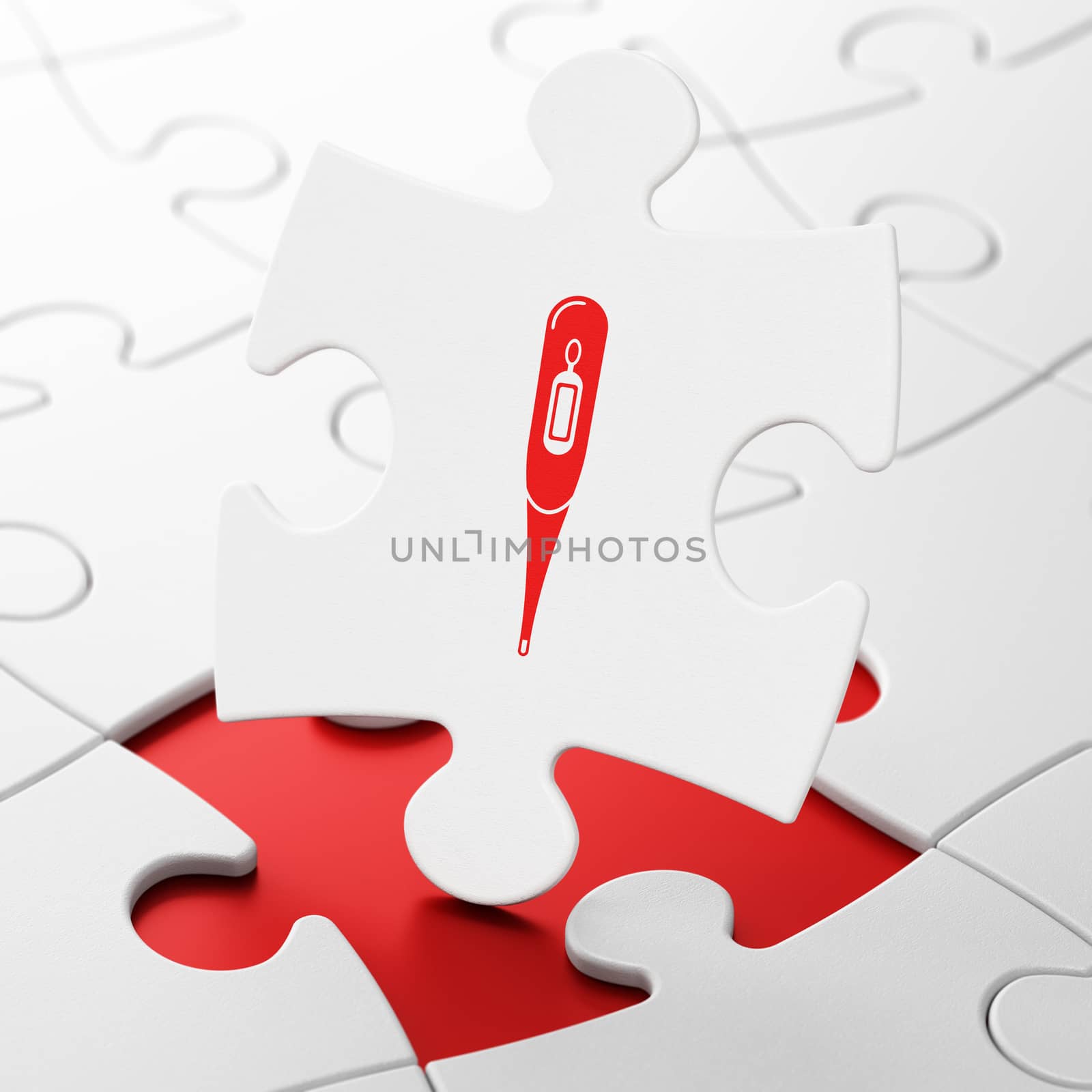 Medicine concept: Thermometer on White puzzle pieces background, 3d render