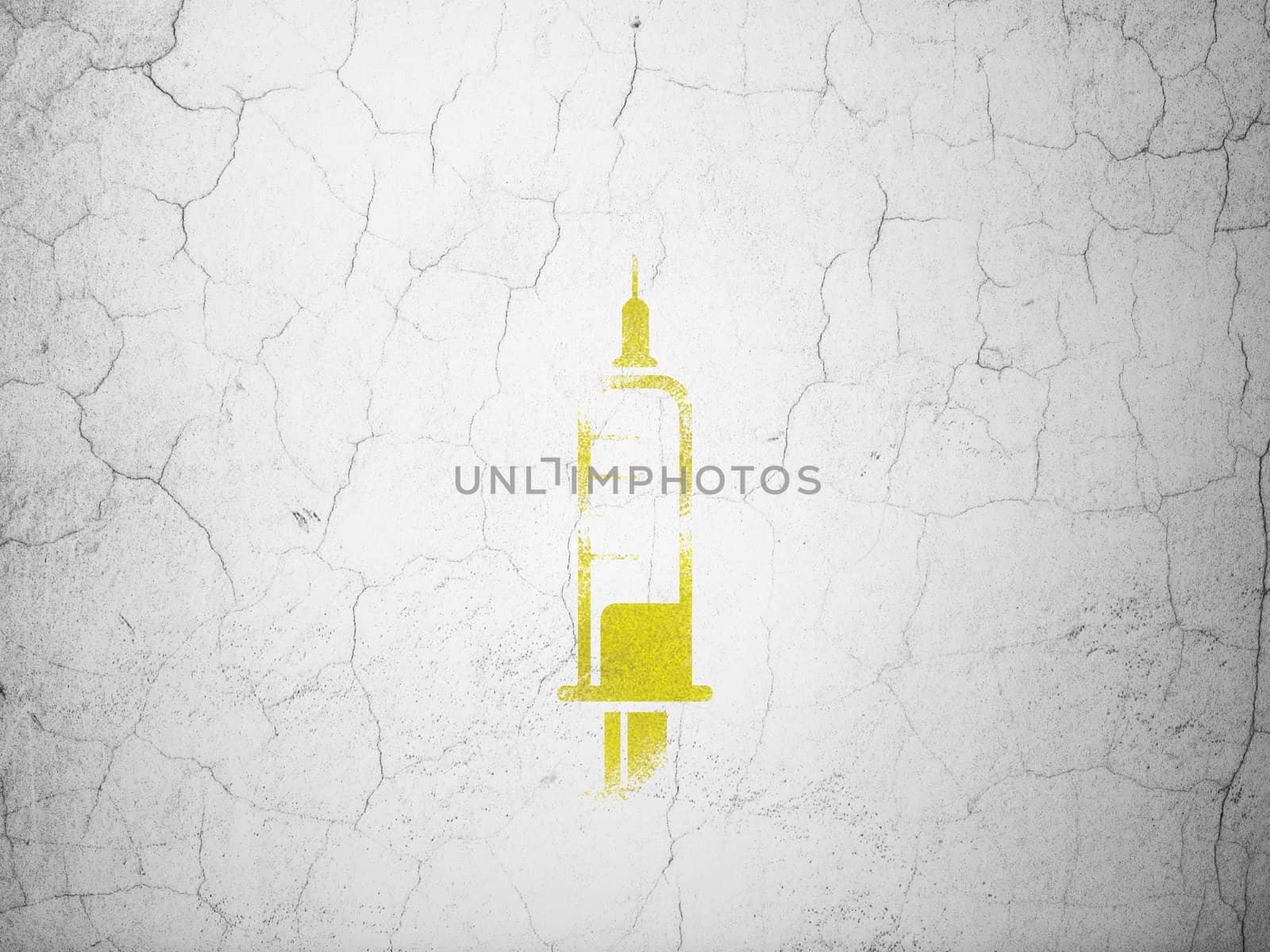 Health concept: Yellow Syringe on textured concrete wall background