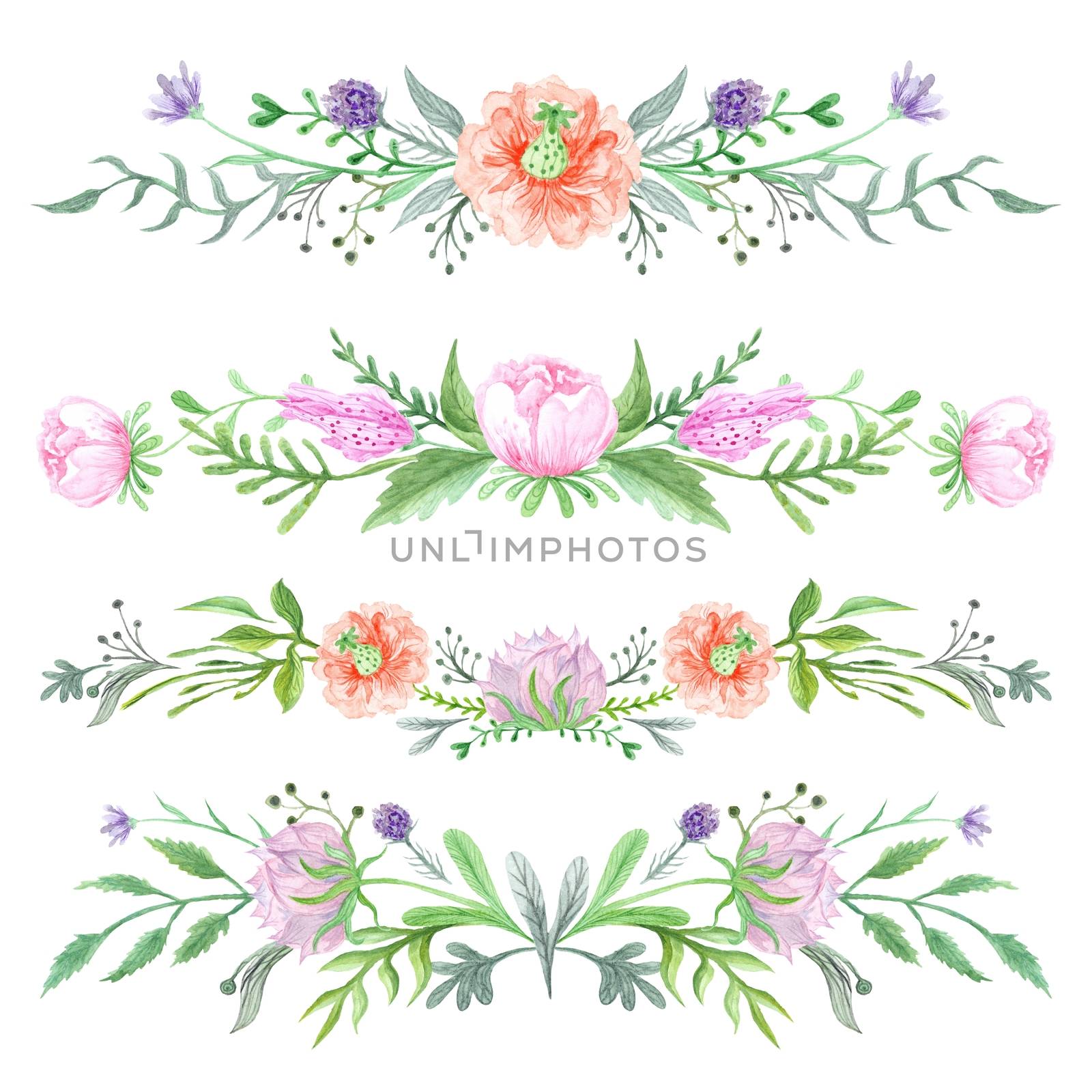Romantic elegant borders with wild herbs and meadow flowers for card, invitation, wedding design on white background