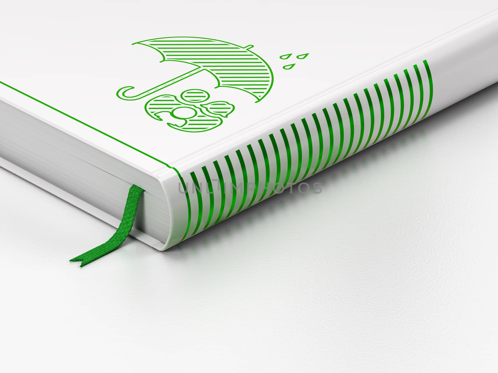 Protection concept: closed book with Green Family And Umbrella icon on floor, white background, 3d render