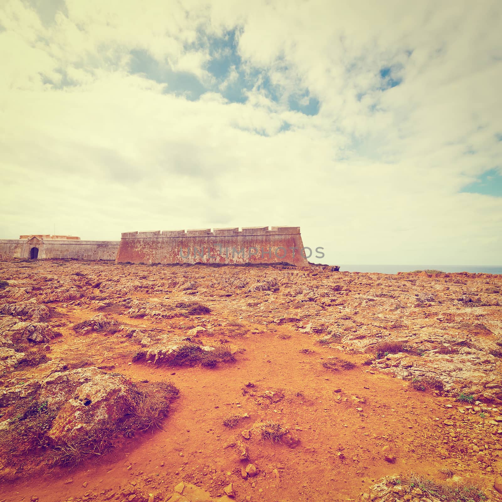 Portuguese Fortress Sagres on the Deserted Beach of the Atlantic Ocean, Instagram Effect