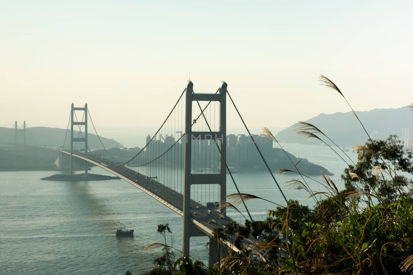 Hong Kong Bridge,It is beautiful Tsing Ma Bridge at sunset in Hong Kong