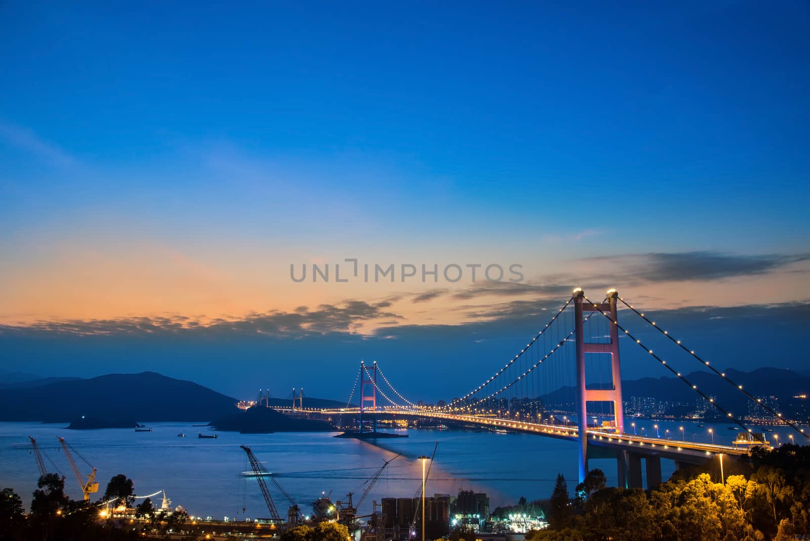 Hong Kong Bridge,It is beautiful Tsing Ma Bridge at sunset in Hong Kong