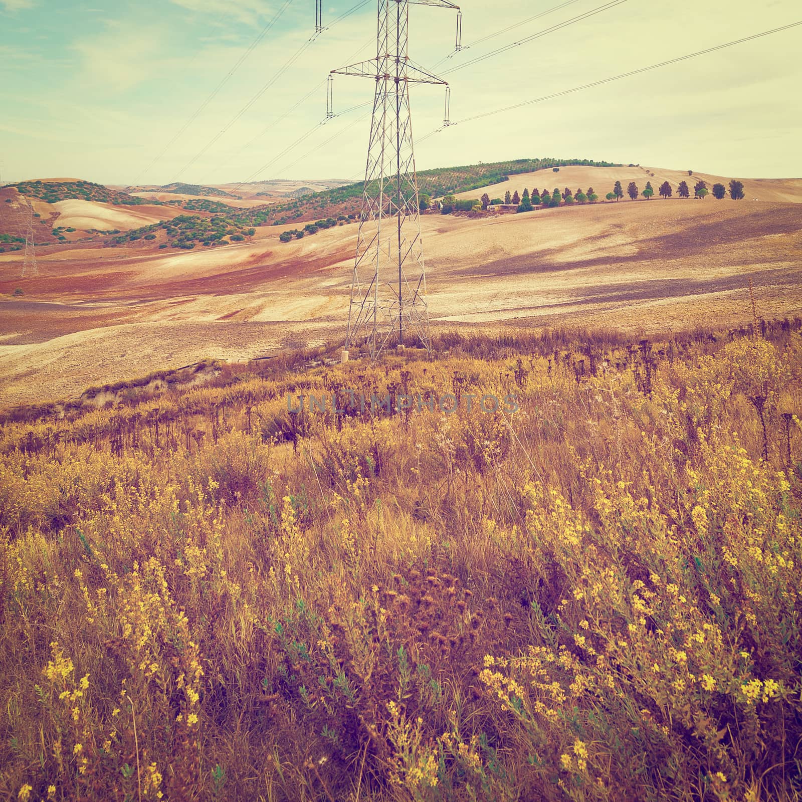 Power Line on the Plowed Field in Spain, Vintage Style Toned Picture