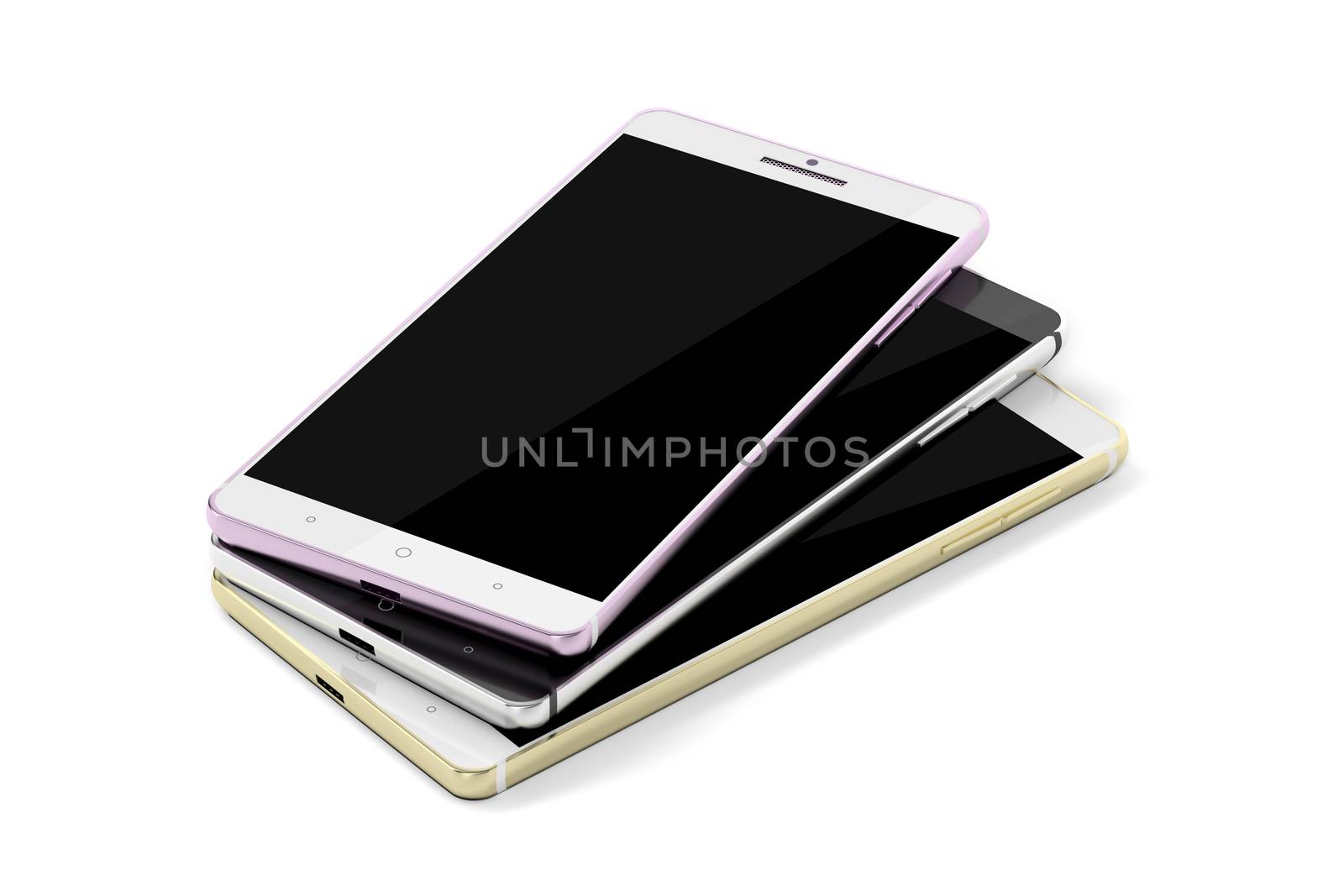 Group of smartphones with different colors on shiny white background