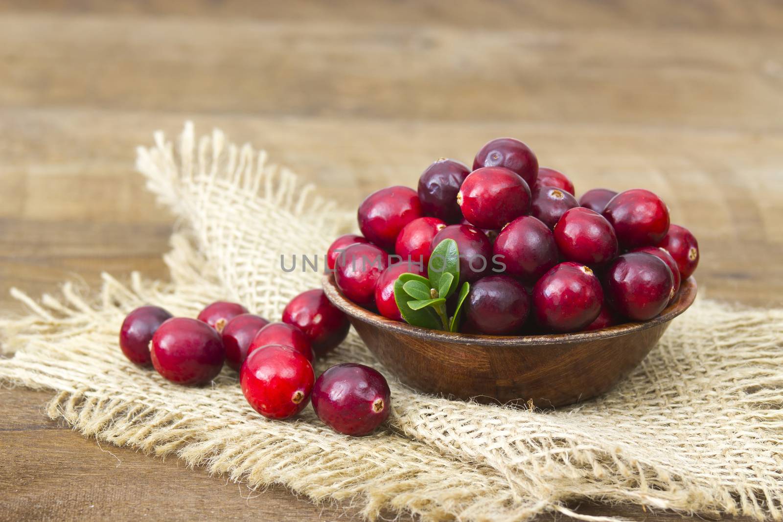 Cranberries in wooden bowl on wooden background. by miradrozdowski