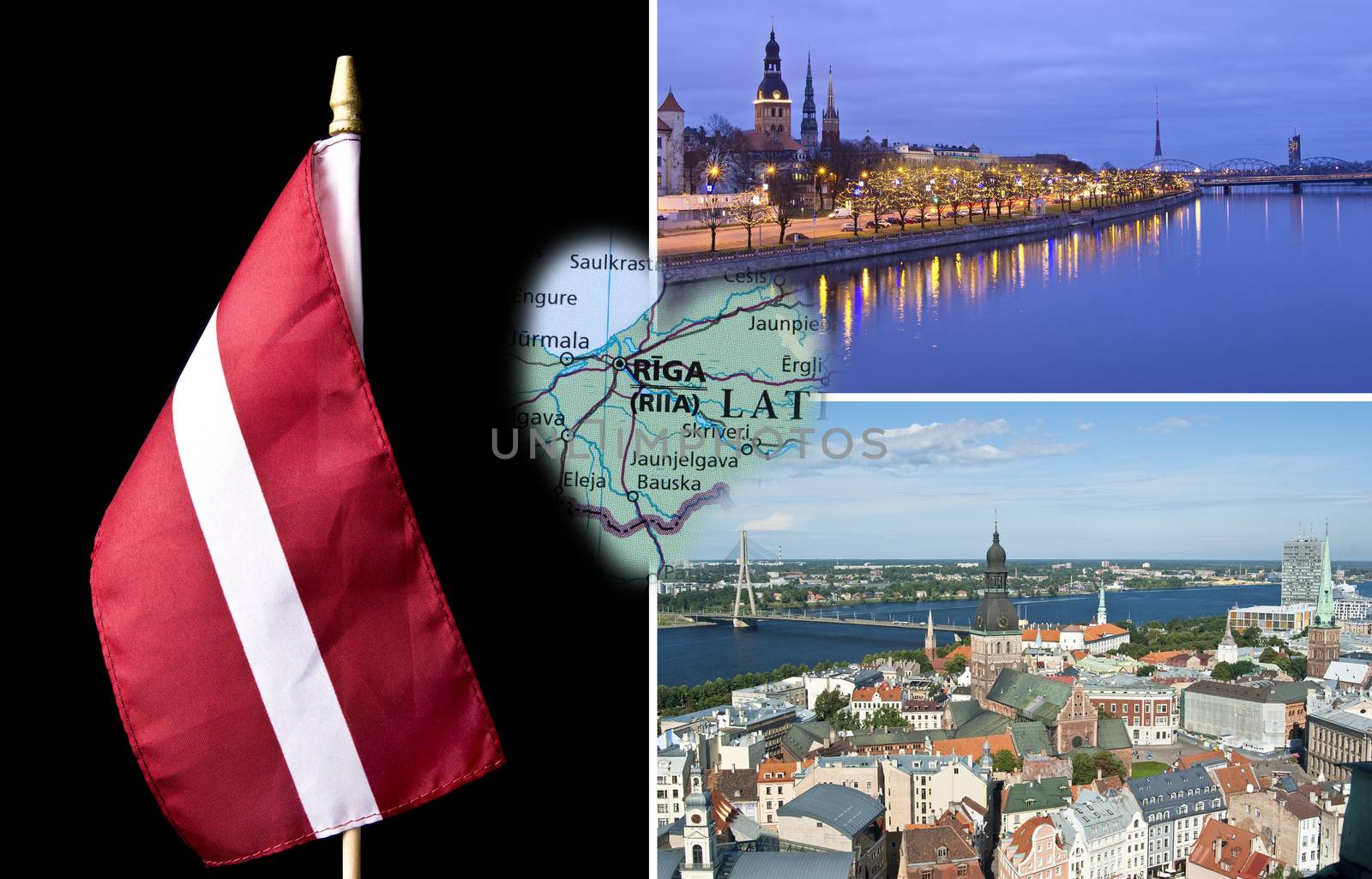 Riga views and Latvian national flag in collage