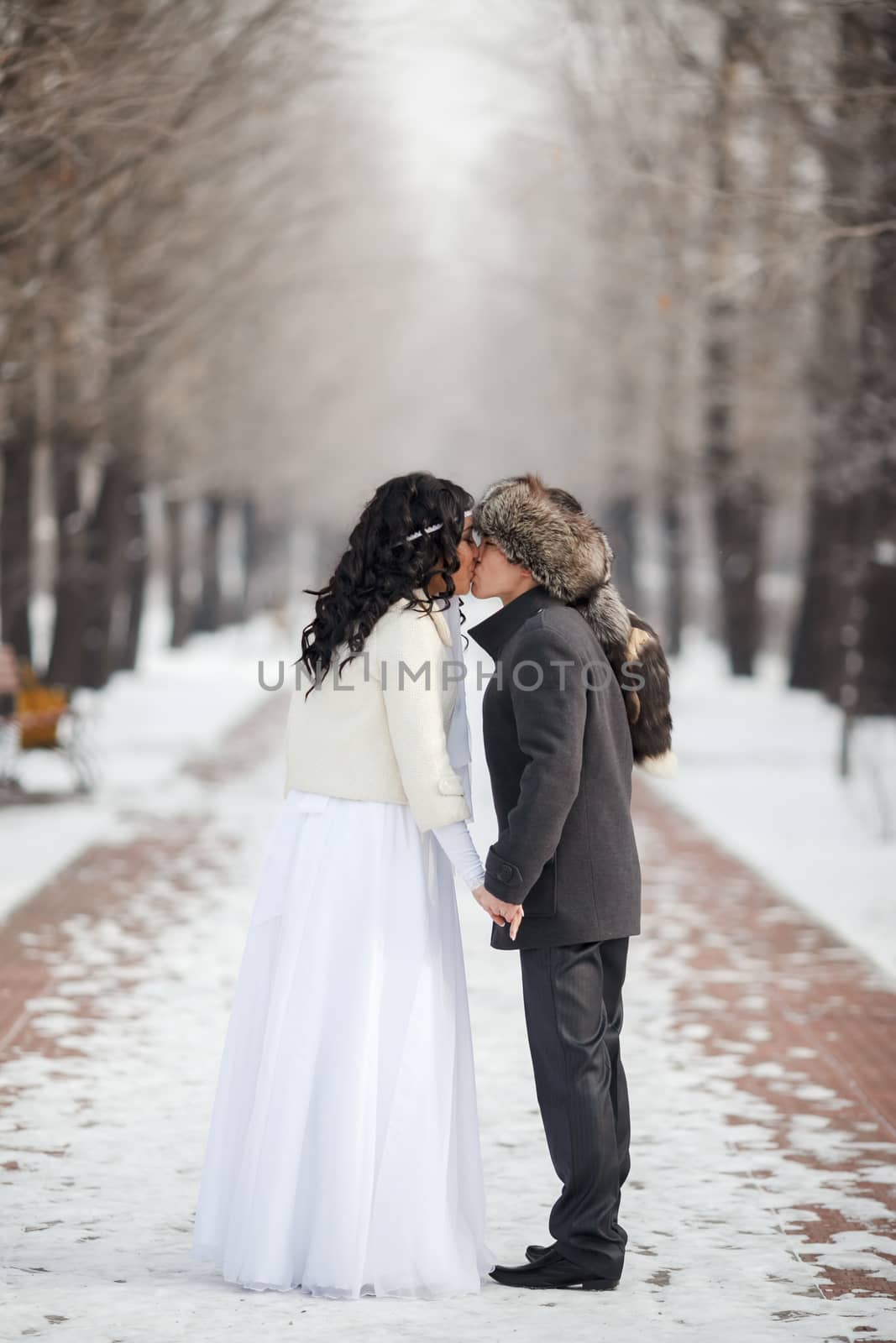 Asian bride and groom kissing in the middle of snowy winter alley. Young man wearing gray coat, fur hat, lady dressed with white wedding gown. Cold season warm dress. by Maynagashev
