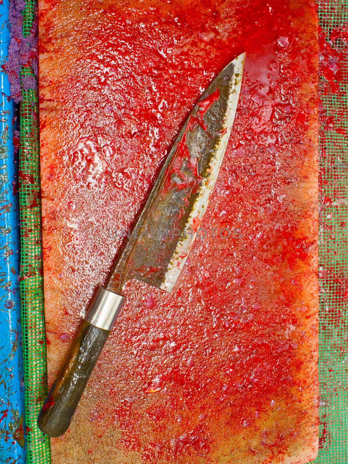 close up of bloody at the butcher market knife death concept