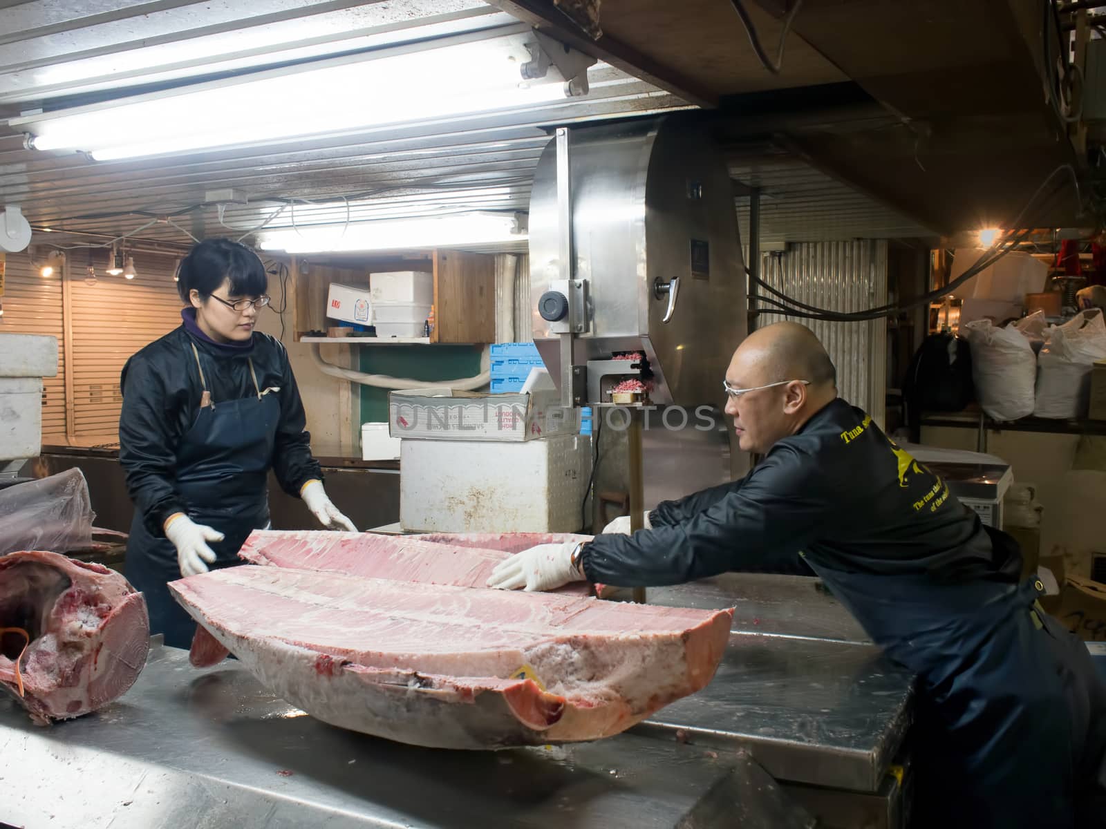 Tokyo, Japan - November 12, 2015: Workers cutting up a giant tuna with electric saw at Tsukiji fish market. Tsukiji is the biggest fish market in the world. The Tuna auction is the main attraction for tourists.