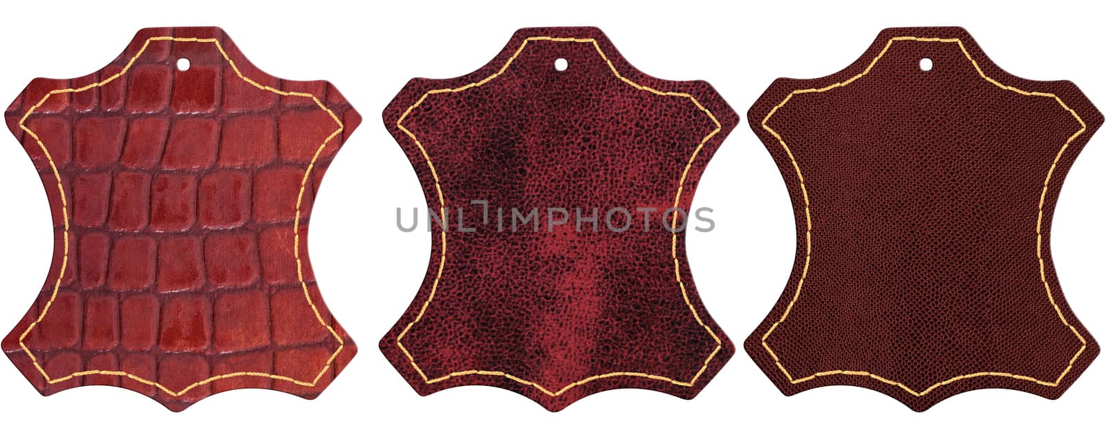 Three red leather signs isolated on white background with clipping path