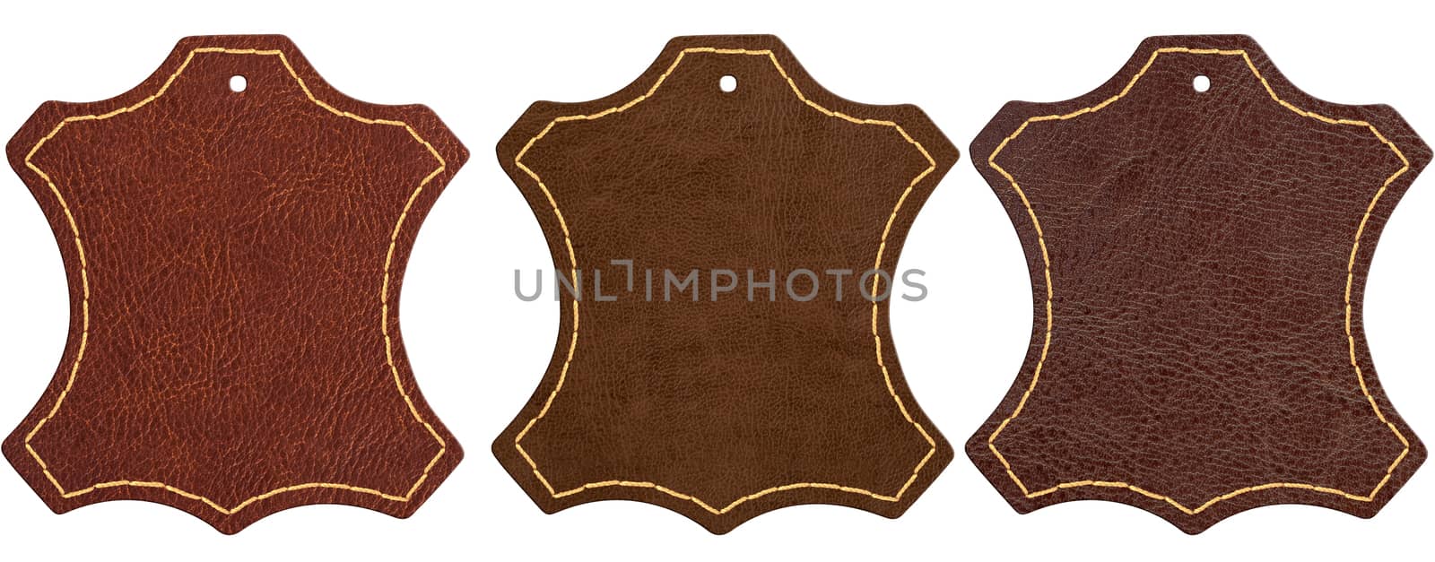 Three brown leather signs isolated on white background with clipping path